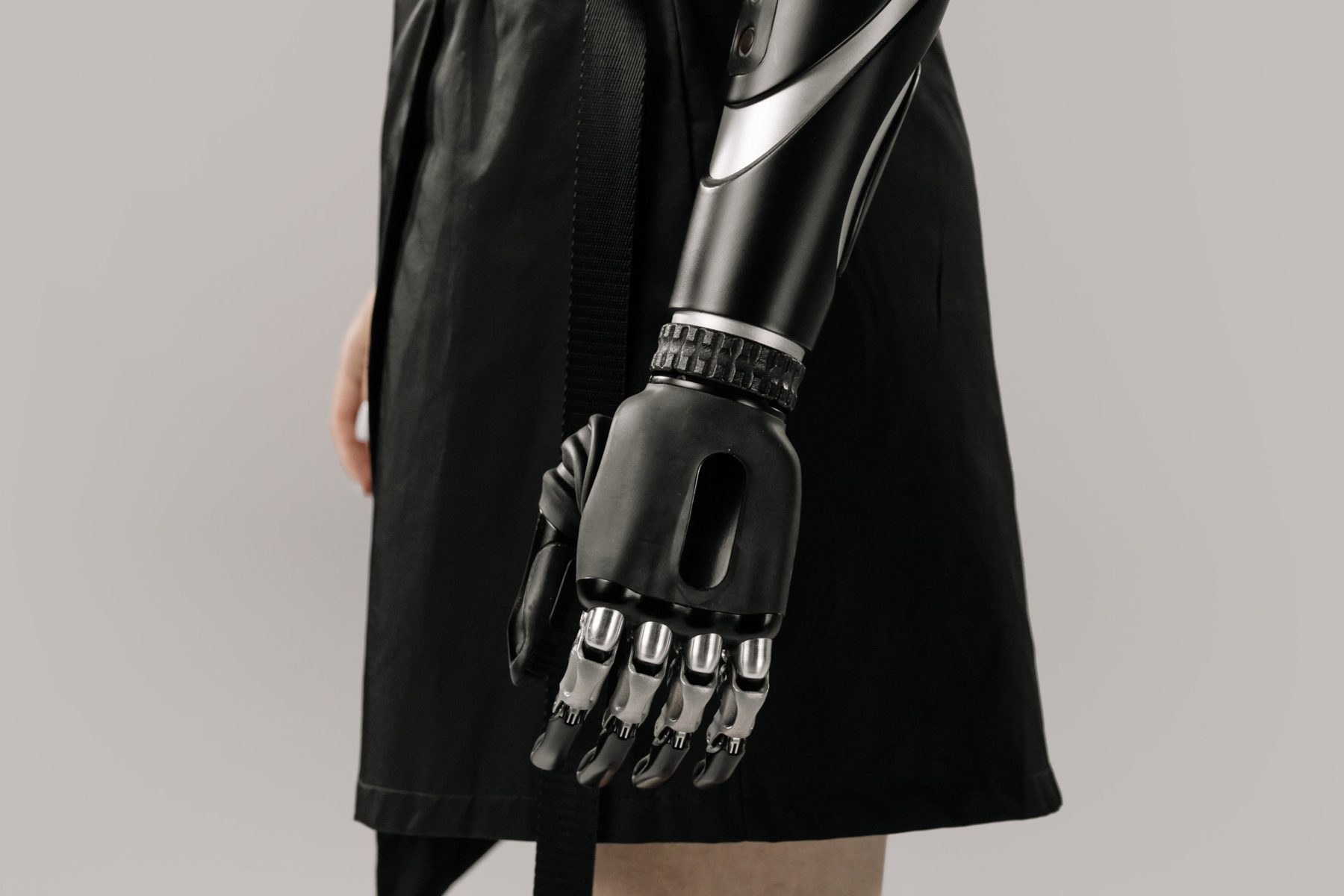 A robotic hand with articulated metal fingers